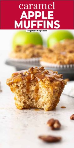 caramel apple muffins with apples in the background and text overlay that says caramel apple muffins