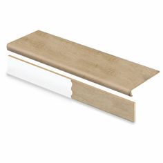 a wooden shelf with white paint on the top and bottom, against a white background