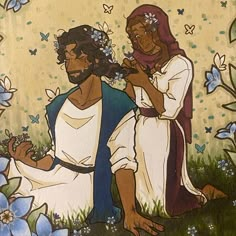 a painting of two people sitting on the ground with flowers in their hands and butterflies around them