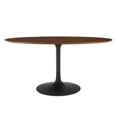 an oval wooden table with black base