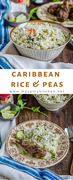 two bowls filled with rice and peas on top of a table next to other dishes