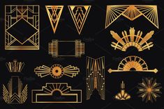 art deco design elements in gold on a black background, including an arch and other architectural details