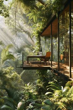 a deck in the middle of a forest with chairs and tables on it, surrounded by greenery