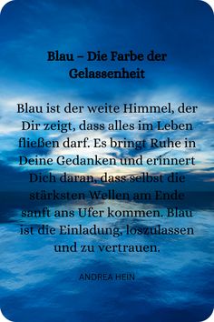 a poem written in german on the ocean with blue sky and white clouds behind it