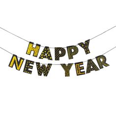 a happy new year banner hanging from a clothes line