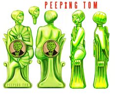 three green statues with the words peeping tom on them