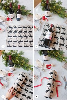 how to wrap a wine bottle in wrapping paper with reindeer print and ribbon on it