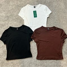 Shein Bundle Of 3 Basic Tees Super Stretchy New (Round Neck) Black,Brown,White Fitted Basic Brown T-shirt, Basic Fitted Brown T-shirt, Tops Shein, Shein Tops, Christmas Wishlist, Basic Tees, Black And Brown, Round Neck, Womens Tops