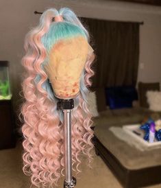 Lace Front Wig Virgin Human Hair Light Blue Pink 150%Density 22" Pink And Blue Wig, Curly Lace Front Wigs, Front Lace Wigs Human Hair, Human Hair Lace Wigs