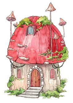 a watercolor drawing of a mushroom house