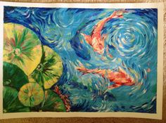 a painting of koi fish and lily pads