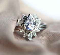 a close up of a ring with a diamond on it's center and surrounded by smaller diamonds