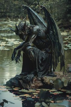 a statue of a demon sitting on top of a rock next to a body of water