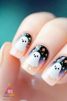 Ghosts and glitter are the perfect combo for cute Halloween nails! These adorable ghost designs with a touch of sparkle bring the Halloween spirit to life on your fingertips. Perfect for adding a fun twist to your Halloween look. Visit nailhow.com for more spooky cute nail inspiration! Don't forget to save this pin! Cute Halloween Manicure Ideas, Ghostie Nails, Halloween Nail Designs For Kids, Halloween Nails For Girls Kids, Halloween Ghost Nail Designs, Girls Halloween Nails, Halloween Nails With Ghost, Halloween Candy Nails, Kids Halloween Nail Designs