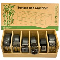 the bamboo belt organizer holds six belts in it's wooden box and is open