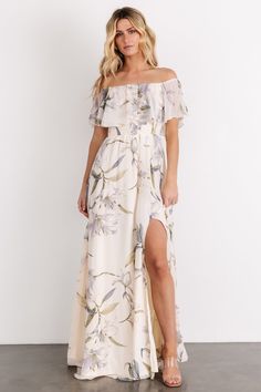 Daphne Off Shoulder Maxi Dress | Beige + Blue Floral Two Piece Dress Set, White Floral Dress Long, Shower Dress For Bride, Fitted Maxi Skirt, Long Flowy Dress, Daphne Dress, Blue Floral Maxi Dress, Baltic Born, Off Shoulder Maxi Dress