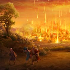 two children are walking in front of a fire and water scene with many rockets coming from the sky