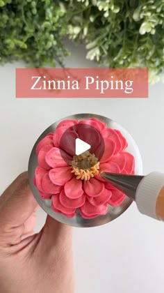 someone is holding a flower in their hand with the words zinnia piping on it