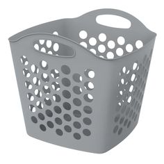 a gray laundry basket with holes on the side