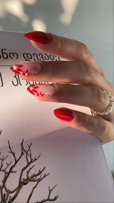 Red April Nails, Red And Flower Nails, Red Tip Nails With Flowers, Red Biab Nails Design, Short Almond Nails Red Art Designs, Red Nail Designs With Flowers, Red Nails Design Prom, Red Almond Design Nails, Red Nail Almond Designs