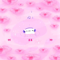 a cartoon character with headphones on in the middle of pink flowers and music notes