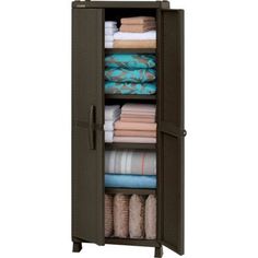 an open storage cabinet with folded towels and blankets on it's sides, in front of a white background