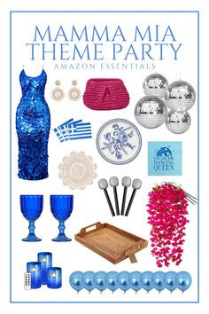 the cover of mamma mia theme party, with blue and white items on it