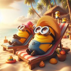 two minions sitting on beach chairs in the sand with hats and eyeglasses next to each other