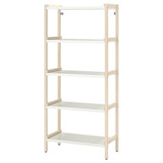 a white shelving unit with four shelves