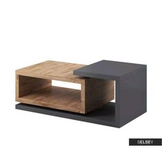 the side table is made out of wood and has an open drawer on one side