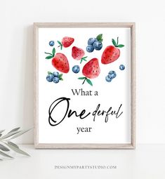 a watercolor painting with berries and the words one is sweet, please take a treat