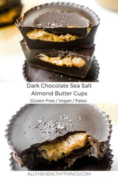 chocolate sea salt almond butter cups are stacked on top of each other