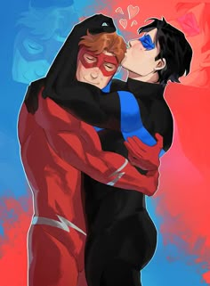 two people are hugging each other in front of a red and blue background with hearts