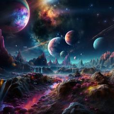 an alien landscape with planets and stars in the sky