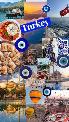 turkey collage with many different pictures and the words turkey written in blue on it