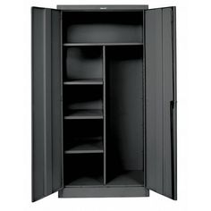 an open metal storage cabinet with shelves and doors on both sides, isolated against a white background