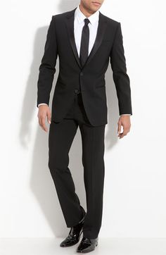 ~*~I love this~*~ HUGO 'Aikin Hollo' Trim Fit Wool Tuxedo (Free Next Day Shipping) (Online Only) available at #Nordstrom Black Suit And Tie, Men Work Outfits, Bespoke Clothing, Black Tux, Groomsmen Attire, Wedding Suit, Black Suit