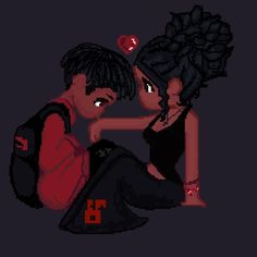 two people sitting next to each other in front of a black background with red hearts