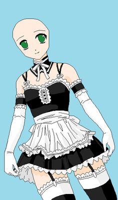 an anime character with green eyes and white hair, in black and white dress holding her hands on her hips