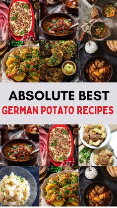 Collage of German potato dishes with herbs and sauces, showcasing various recipes.