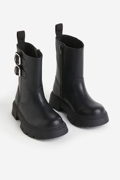 Calf-high biker boots. Adjustable straps with a metal buckle on one side  a zipper at other side  and a loop at back. Velboa lining  insoles in Cellfit™ technical foam for added comfort  and chunky soles. Sole thickness approx. 1 1/4 in. Side A, Girls Shoes Kids, M Beauty, Biker Boots, Black Kids, Metal Buckles, Black Boots, Adjustable Straps, Personal Style