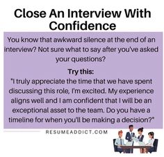 a poster with the words, close an interview with confidence and two people sitting at a table