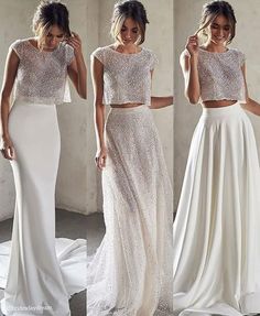 three different styles of wedding dresses, one with crop tops and the other with high neckline