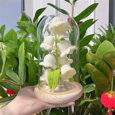 a hand holding a glass dome with white flowers in it and greenery behind it