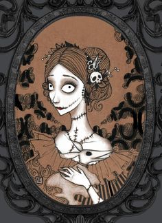 a drawing of a woman in an ornate frame with skulls on her head and eyes