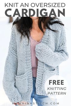 a woman wearing a knitted cardigan with text overlay that reads, free knitting pattern