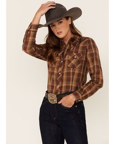 Roper Women's Plaid Print Long Sleeve Pearl Snap Western Shirt, Brown Cowboy Outfits For Women, Cowgirl Dresses, Old Fashion Dresses, Cowboy Outfits, Cowgirl Chic, Cowgirl Outfits, Cool Halloween Costumes, Western Shirt, Work Clothes