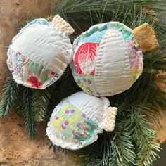 Handmade Vintage Quilt Christmas Ornament Bowl Filler Set of 3 | Antique Farmhouse Memory Christmas Ornaments From Shirts, Winter Bowl Filler, Quilt Christmas Ornaments, Denim Ornaments, Repurposed Quilts, Handmade Ornaments Christmas, Quilt Ornaments, Quilted Christmas Gifts, Quilted Fabric Ornaments