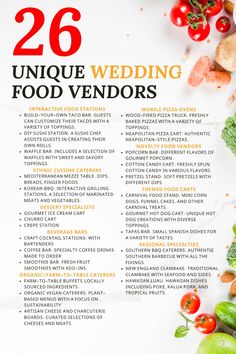 an image of wedding food vendors list with vegetables and meats on the table top