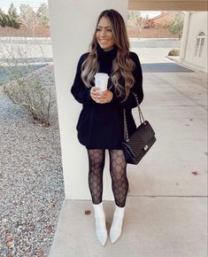 Cold Weather Outfits Party, Sweater As Dress Outfit, Black Dress Outfit Winter Classy, Simple Christmas Eve Outfit, Winter Fashion Outfits Going Out, Dinner Put Outfits Winter, Outfits With Pantyhose Fall, Cute Dressy Winter Outfits, Cold Party Outfits Winter